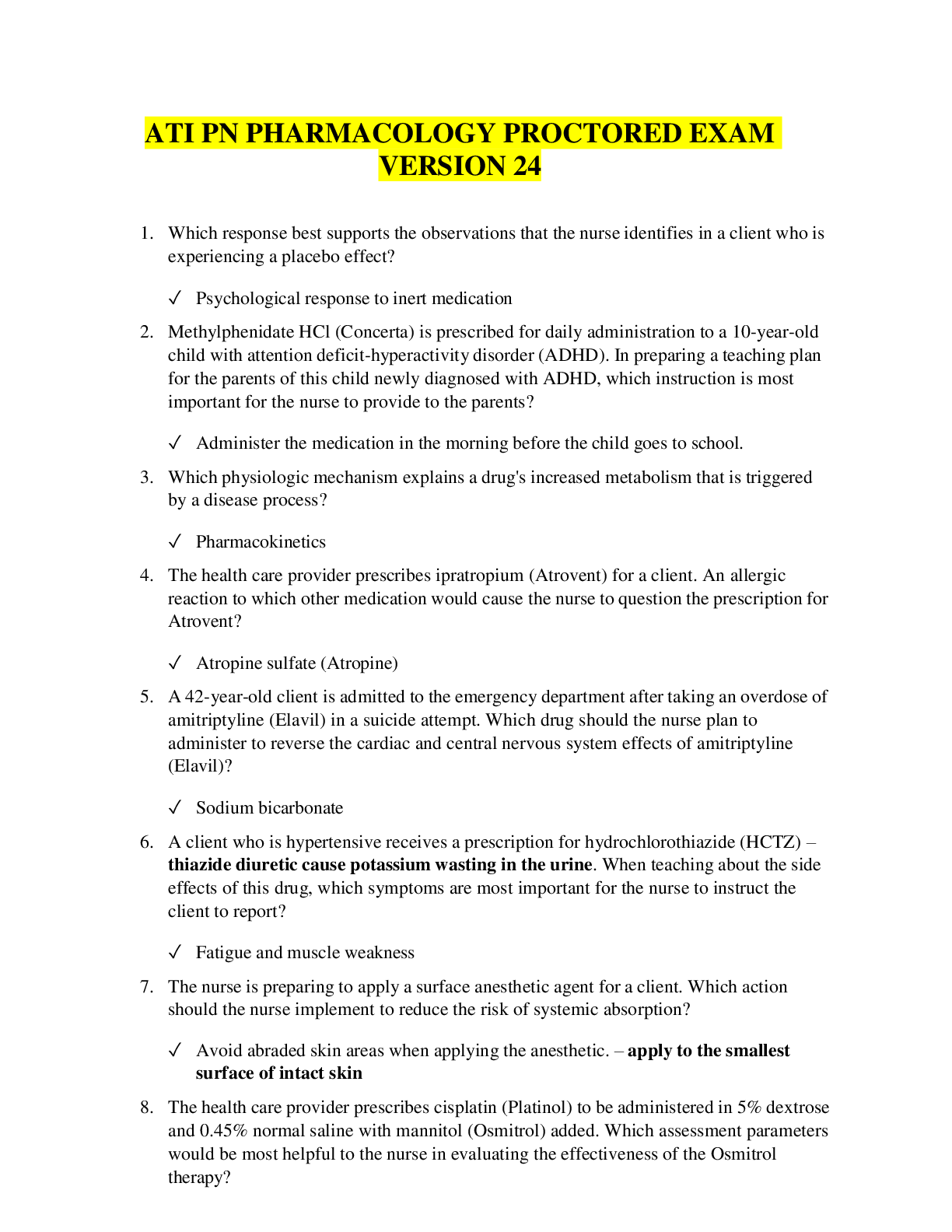 Preview of ATI PN Pharmacology Proctored Exam Version 24 Complete Questions & Answers with Rationale